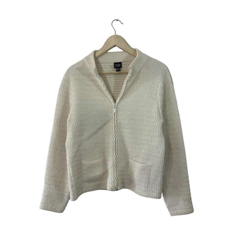 Eileen Fisher Large Zip Cardigan Sweater Wool Blend Ivory Cream Womens